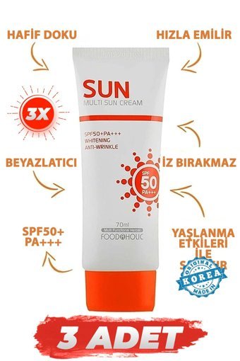 Foodaholic Sun 50 Faktör Tüm Ciltler İçin Leke Karşıtı Nemlendirici Yağsız Suya Dayanıklı Yüz ve Vücut Güneş Kremi 3x70 ml
