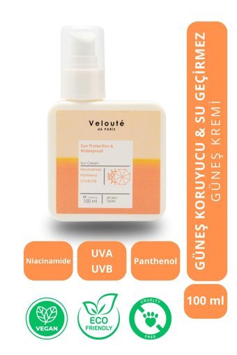 Veloute De Paris 50 Faktör Tüm Ciltler İçin Leke Karşıtı Nemlendirici Yağsız Suya Dayanıklı Yüz ve Vücut Güneş Kremi 100 ml