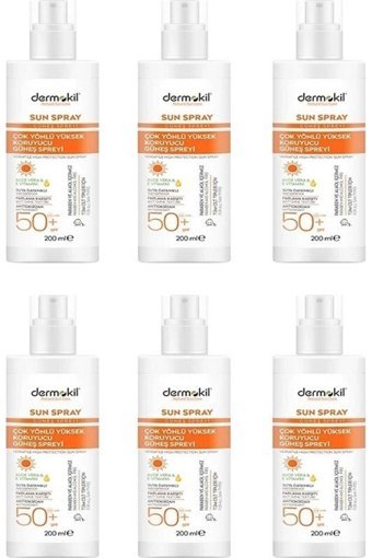 Dermokil Sun Sprey 50 Faktör Hassas Ciltler İçin Leke Karşıtı Nemlendirici Yağsız Suya Dayanıklı Yüz ve Vücut Güneş Kremi 6x200 ml