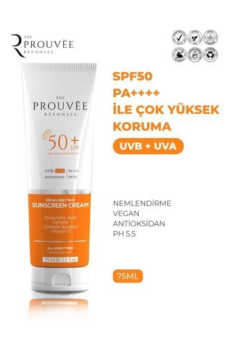 The Prouvee Reponses Sun 50 Faktör Tüm Ciltler İçin Leke Karşıtı Nemlendirici Yağsız Suya Dayanıklı Yüz ve Vücut Güneş Kremi 75 ml