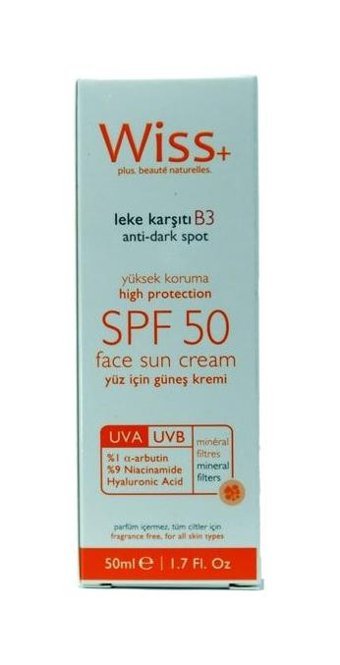 Wiss Antidark Spot 50 Faktör Tüm Ciltler İçin Leke Karşıtı Nemlendirici Suya Dayanıklı Yüz ve Vücut Güneş Kremi 50 ml