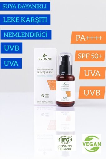 Yvonne Organik Sertifikalı 50 Faktör Tüm Ciltler İçin Leke Karşıtı Nemlendirici Suya Dayanıklı Yüz Güneş Kremi 15 ml