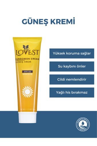 Lovest 50 Faktör Tüm Ciltler İçin Nemlendirici Suya Dayanıklı Yüz Güneş Kremi 150 ml