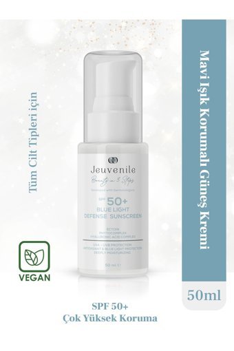 Jeuvenile Mavi Işık Korumalı 50 Faktör Tüm Ciltler İçin Leke Karşıtı Nemlendirici Yağsız Suya Dayanıklı Yüz ve Vücut Güneş Kremi 50 ml