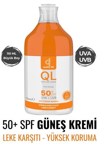 Quality Life 50 Faktör Kuru Ciltler İçin Leke Karşıtı Nemlendirici Suya Dayanıklı Yüz ve Vücut Güneş Kremi 50 ml