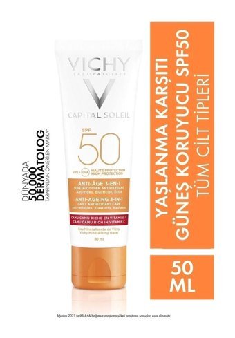 Vichy Soleil 50 Faktör Tüm Ciltler İçin Leke Karşıtı Nemlendirici Yaşlanma Karşıtı Yağsız Suya Dayanıklı Yüz Güneş Kremi 50 ml