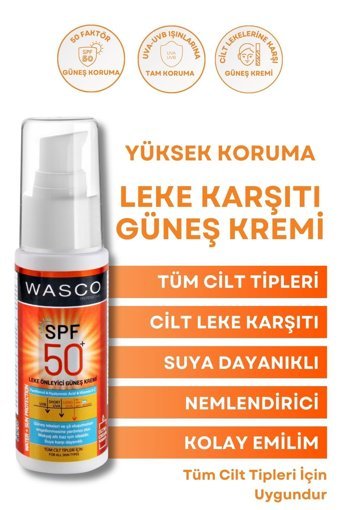 Wasco Sun Protection 50 Faktör Tüm Ciltler İçin Leke Karşıtı Nemlendirici Aydınlatıcı Yağsız Suya Dayanıklı Yüz ve Vücut Güneş Kremi 50 ml