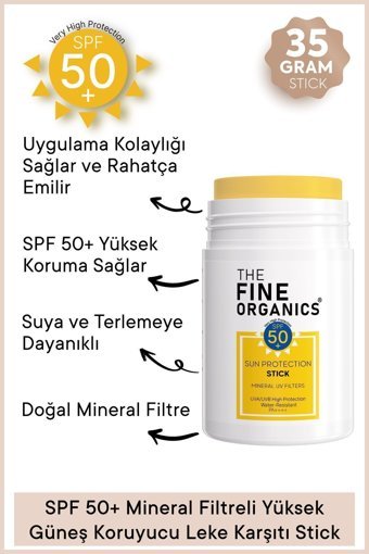 The Fine Organics Stick 50 Faktör Tüm Ciltler İçin Leke Karşıtı Nemlendirici Yağsız Suya Dayanıklı Yüz ve Vücut Güneş Kremi 50 ml