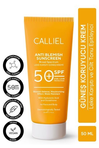 Calli̇el 50 Faktör Tüm Ciltler İçin Leke Karşıtı Nemlendirici Yağsız Suya Dayanıklı Yüz ve Vücut Güneş Kremi 50 ml