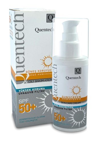 Quentech 50 Faktör Tüm Ciltler İçin Leke Karşıtı Nemlendirici Yağsız Suya Dayanıklı Yüz ve Vücut Güneş Kremi 75 ml
