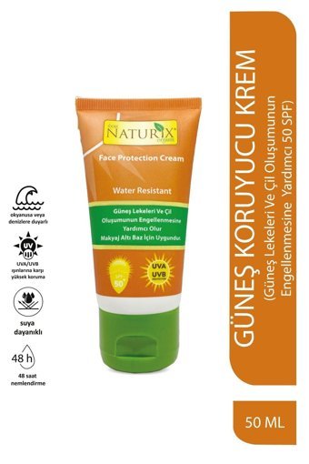 Naturix 50 Faktör Tüm Ciltler İçin Leke Karşıtı Nemlendirici Suya Dayanıklı Yüz ve Vücut Güneş Kremi 50 ml