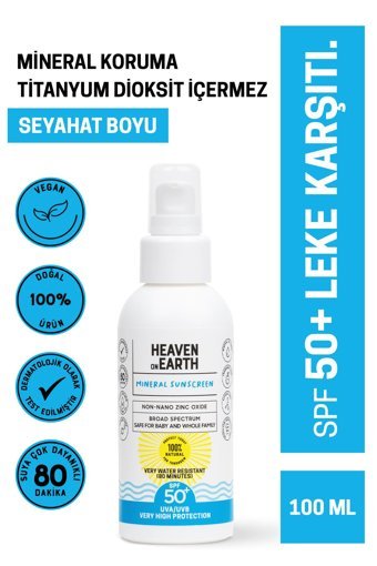 Heaven On Earth Mineral 50 Faktör Tüm Ciltler İçin Leke Karşıtı Nemlendirici Yağsız Suya Dayanıklı Yüz ve Vücut Güneş Kremi 100 ml
