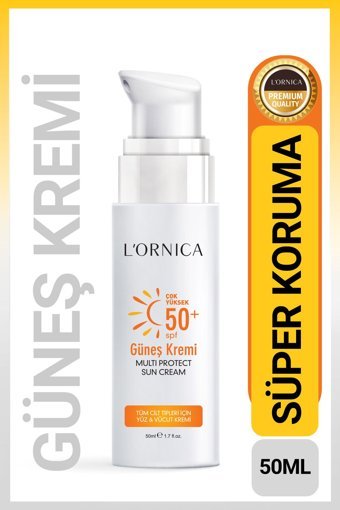 Lornica 50 Faktör Tüm Ciltler İçin Leke Karşıtı Nemlendirici Suya Dayanıklı Yüz ve Vücut Güneş Kremi 50 ml
