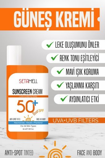 Setamell Sun Care 50 Faktör Tüm Ciltler İçin Leke Karşıtı Nemlendirici Yağsız Suya Dayanıklı Yüz ve Vücut Güneş Kremi 50 ml