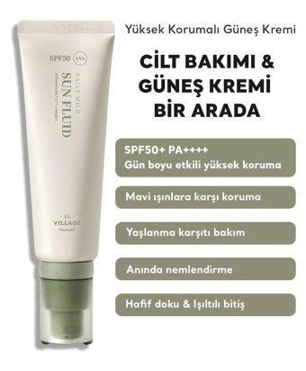Village 11 Factory Sun 50 Faktör Tüm Ciltler İçin Leke Karşıtı Nemlendirici Yağsız Suya Dayanıklı Yüz ve Vücut Güneş Kremi 50 ml