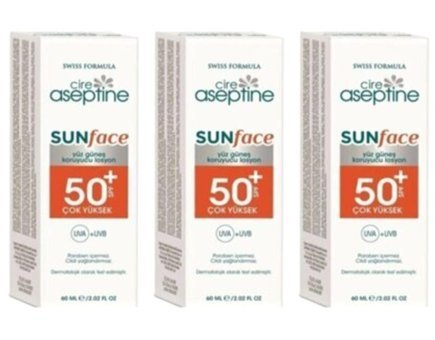 Cire Aseptine Sun Face 50 Faktör Tüm Ciltler İçin Leke Karşıtı Nemlendirici Yağsız Suya Dayanıklı Yüz Güneş Losyonu 60 ml