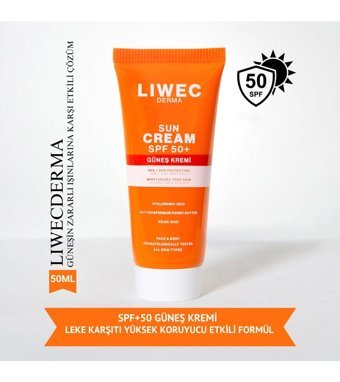 Liwecderma Sun Cream 50 Faktör Tüm Ciltler İçin Leke Karşıtı Nemlendirici Yağsız Suya Dayanıklı Yüz Güneş Kremi 50 ml