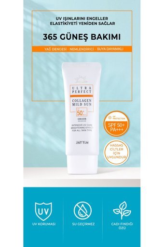 Jinyyum Kolajen 50 Faktör Tüm Ciltler İçin Leke Karşıtı Nemlendirici Aydınlatıcı Yağsız Suya Dayanıklı Yüz ve Vücut Güneş Kremi 70 ml