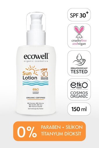 Ecowell 30 Faktör Tüm Ciltler İçin Nemlendirici Suya Dayanıklı Yüz ve Vücut Güneş Losyonu 150 ml