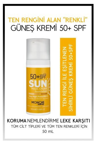 Monche Sun Renkli 50 Faktör Tüm Ciltler İçin Leke Karşıtı Nemlendirici Yağsız Suya Dayanıklı Yüz ve Vücut Güneş Kremi 50 ml