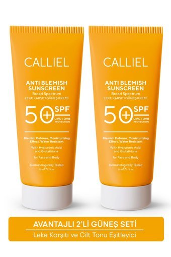 Calli̇el 50 Faktör Tüm Ciltler İçin Leke Karşıtı Nemlendirici Yağsız Suya Dayanıklı Yüz ve Vücut Güneş Kremi 2x50 ml