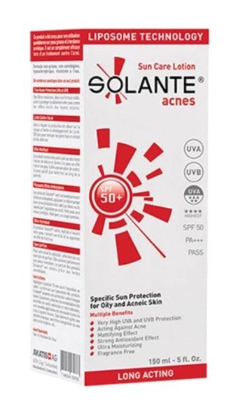 Solante Acnes 50 Faktör Tüm Ciltler İçin Nemlendirici Suya Dayanıklı Yüz Güneş Losyonu 150 ml