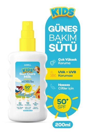 Axwell Kids 50 Faktör Tüm Ciltler İçin Leke Karşıtı Nemlendirici Yağsız Suya Dayanıklı Yüz Güneş Sütü 200 ml