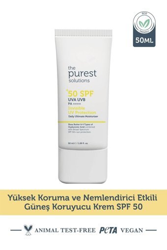 The Purest Solutions High Protection 50 Faktör Tüm Ciltler İçin Leke Karşıtı Nemlendirici Yağsız Suya Dayanıklı Yüz ve Vücut Güneş Kremi 50 ml