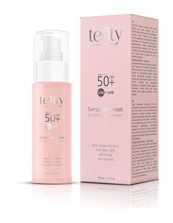 Tefity Renkli 50 Faktör Tüm Ciltler İçin Leke Karşıtı Nemlendirici Yağsız Suya Dayanıklı Yüz ve Vücut Güneş Kremi 50 ml