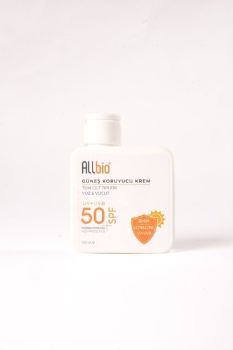 Allbi̇o 50 Faktör Tüm Ciltler İçin Leke Karşıtı Nemlendirici Yağsız Suya Dayanıklı Yüz ve Vücut Güneş Kremi 100 ml