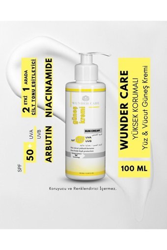 Wunder Care 50 Faktör Tüm Ciltler İçin Leke Karşıtı Nemlendirici Yağsız Suya Dayanıklı Yüz Güneş Kremi 50 ml