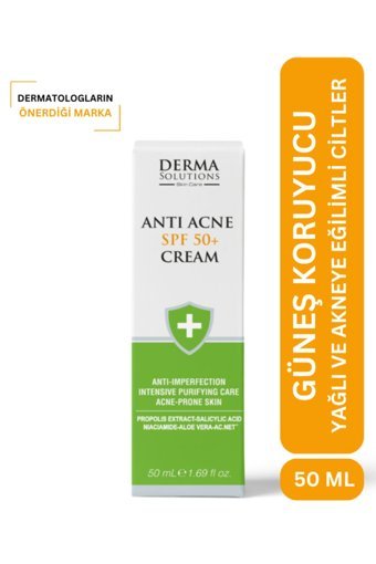 Dermasolutions Anti Acne 50 Faktör Tüm Ciltler İçin Leke Karşıtı Nemlendirici Yaşlanma Karşıtı Yağsız Suya Dayanıklı Yüz ve Vücut Güneş Kremi 50 ml