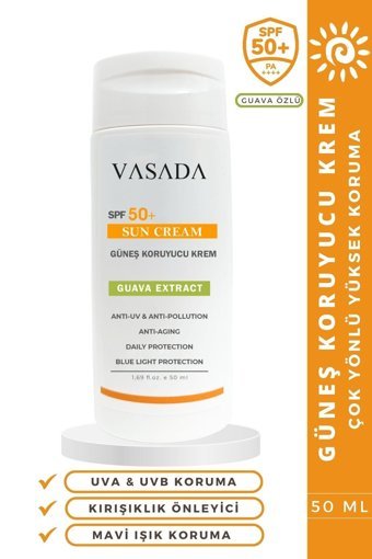Vasada 50 Faktör Tüm Ciltler İçin Leke Karşıtı Nemlendirici Yağsız Suya Dayanıklı Yüz ve Vücut Güneş Kremi 50 ml