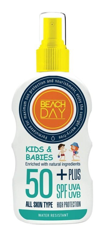 Beach Day Kids 50 Faktör Tüm Ciltler İçin Leke Karşıtı Nemlendirici Yağsız Suya Dayanıklı Yüz ve Vücut Güneş Kremi 150 ml