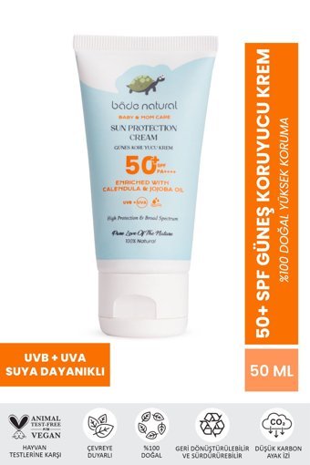 Bade Natural Mineral Filtreli 50 Faktör Tüm Ciltler İçin Leke Karşıtı Nemlendirici Yağsız Suya Dayanıklı Yüz ve Vücut Güneş Kremi 50 ml