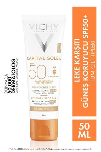 Vichy Renkli 50 Faktör Tüm Ciltler İçin Leke Karşıtı Nemlendirici Yağsız Suya Dayanıklı Yüz ve Vücut Güneş Kremi 50 ml