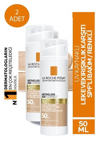 La Roche Posay Anthelios Age Correct Daily Tinted 50 Faktör Tüm Ciltler İçin Leke Karşıtı Nemlendirici Yaşlanma Karşıtı Yağsız Suya Dayanıklı Yüz ve Vücut Güneş Kremi 2x50 ml