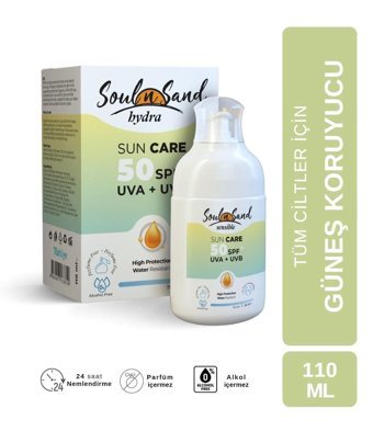 Soul N Sand 50 Faktör Tüm Ciltler İçin Leke Karşıtı Nemlendirici Yağsız Suya Dayanıklı Yüz ve Vücut Güneş Kremi 50 ml