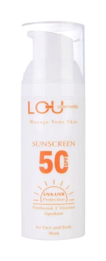 Lou Cosmetics 50 Faktör Tüm Ciltler İçin Leke Karşıtı Nemlendirici Yağsız Suya Dayanıklı Yüz ve Vücut Güneş Kremi 50 ml
