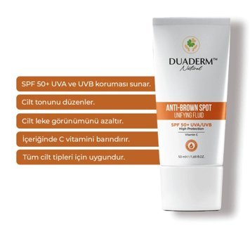 Duaderm 50 Faktör Tüm Ciltler İçin Leke Karşıtı Nemlendirici Yağsız Suya Dayanıklı Yüz Güneş Kremi 50 ml