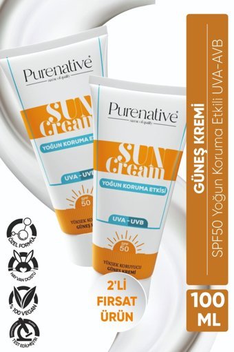 Purenative 50 Faktör Tüm Ciltler İçin Nemlendirici Suya Dayanıklı Yüz Güneş Kremi 100 ml