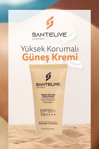 Santelive 50 Faktör Tüm Ciltler İçin Leke Karşıtı Nemlendirici Yağsız Suya Dayanıklı Yüz ve Vücut Güneş Kremi 100 ml