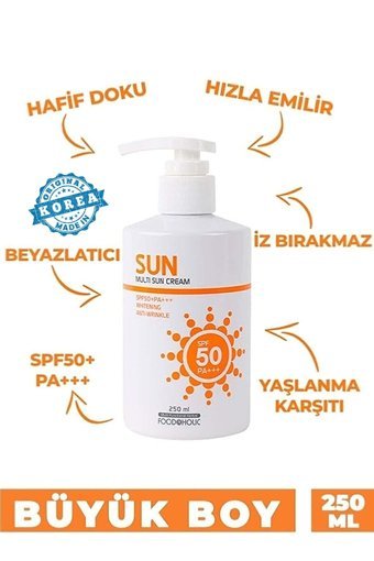 Foodaholic Sun 50 Faktör Tüm Ciltler İçin Leke Karşıtı Nemlendirici Yağsız Suya Dayanıklı Yüz ve Vücut Güneş Kremi 250 ml