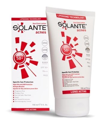 Solante 50 Faktör Tüm Ciltler İçin Leke Karşıtı Nemlendirici Yağsız Suya Dayanıklı Yüz ve Vücut Güneş Losyonu 150 ml