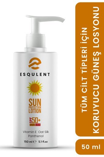 Esqulent 50 Faktör Tüm Ciltler İçin Leke Karşıtı Nemlendirici Yağsız Suya Dayanıklı Yüz ve Vücut Güneş Losyonu 50 ml