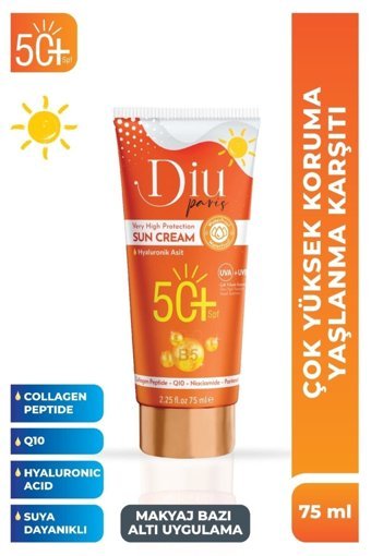 Diu Paris 50 Faktör Tüm Ciltler İçin Leke Karşıtı Nemlendirici Yağsız Suya Dayanıklı Yüz ve Vücut Güneş Kremi 50 ml