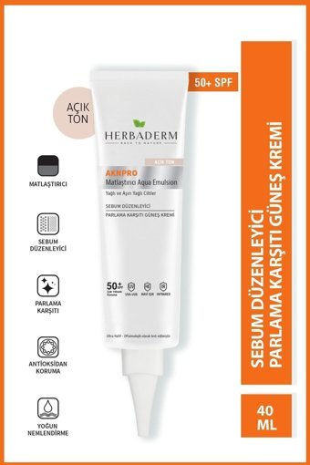 Herbaderm Aknpro 50 Faktör Yağlı Ciltler İçin Leke Karşıtı Nemlendirici Yağsız Suya Dayanıklı Yüz ve Vücut Güneş Kremi 40 ml