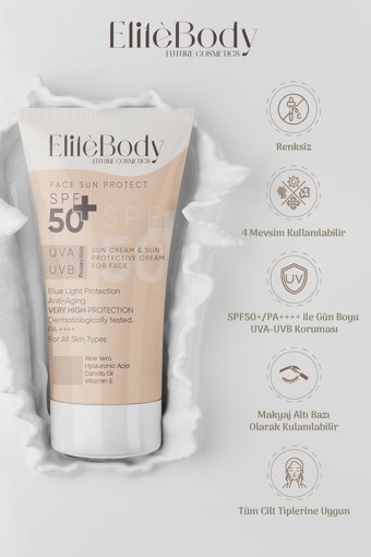 Elitebody Blue Light 50 Faktör Tüm Ciltler İçin Leke Karşıtı Nemlendirici Yağsız Suya Dayanıklı Yüz Güneş Kremi 50 ml