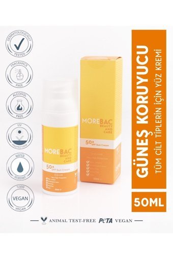 Morebac Beauty And Care 50 Faktör Tüm Ciltler İçin Leke Karşıtı Nemlendirici Yağsız Suya Dayanıklı Yüz Güneş Kremi 50 ml