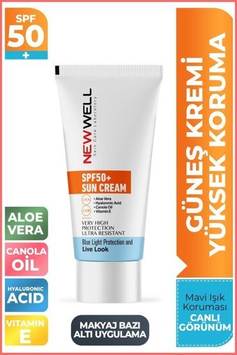 New Well 50 Faktör Tüm Ciltler İçin Nemlendirici Suya Dayanıklı Yüz ve Vücut Güneş Kremi 50 ml